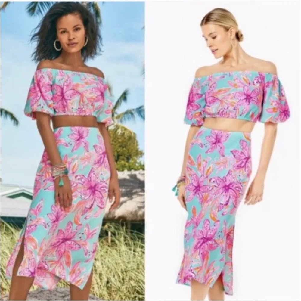 Lilly Pulitzer dress set Elegant Pink sea Blue peekaboo style unique sz L NWT